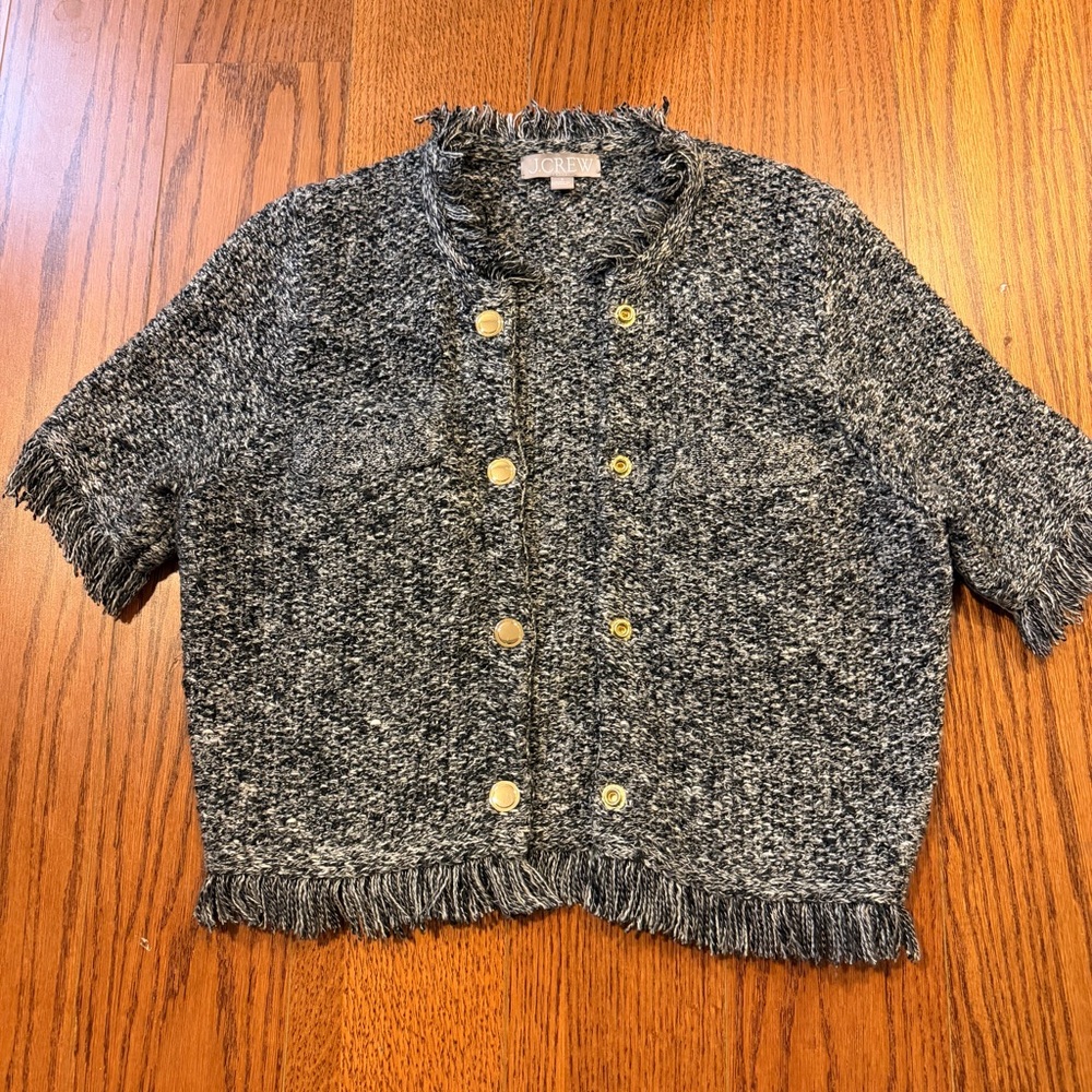 J. Crew Black and White Textured Cardigan with Gold Accents